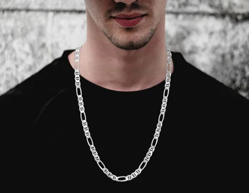 Vista 4 de Savlano Collar de plata de ley 925 italiana maciza Figarucci Figaro Mariner con eslabones planos para hombres y mujeres, fabricado en Italia, viene