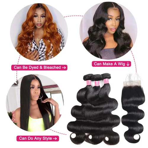 Vista 6 de Paquetes de Ondas Corporales con Cierre para Mujeres Negras (10 12 14+10) 100% Cabello Humano Brasileño de Ondas Corporales Sin Procesar 3 Paquetes