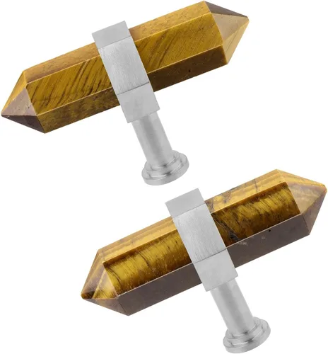 Vista 24 de TUMBEELLUWA Paquete de 2 pomos de cristal de obsidiana negra con tornillos, tiradores hexagonales de latón cepillado para cocina y decoración