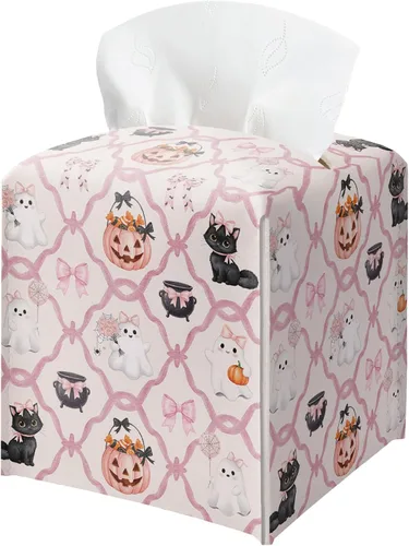 Vista 12 de Soporte para caja de pañuelos de Halloween con tapa cuadrada de cuero negro, organizador de papel facial, dispensador de papel higiénico para baño