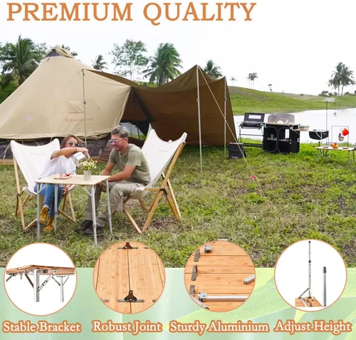 Vista 4 de KingCamp Mesa de Bambú Plegable Mesa de Camping Ecológica con Patas de Aluminio de Altura Ajustable Resistente 4 Pliegues Mesas de Campamento