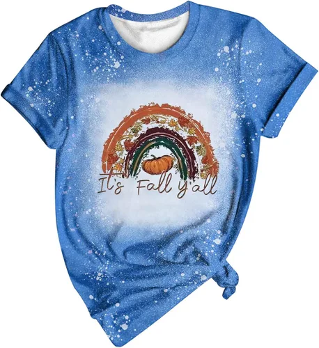 Vista 4 de Camisetas de manga corta con texto en inglés "It's Fall Y'All" para mujer, con teñido anudado, retro, camisetas de Halloween, con estampado