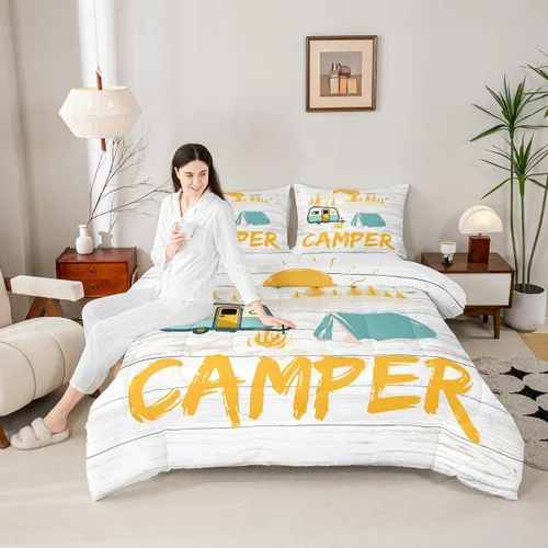 Vista 27 de Juego de ropa de cama con temática de cámper, juego de edredón de cabaña de madera marrón y verde, tamaño matrimonial, 3 piezas, decoración de Multi