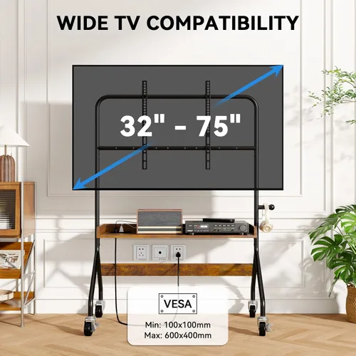 Vista 2 de Soporte de TV rodante con toma de corriente, carrito de TV móvil para pantalla de TV de 32 a 75 pulgadas de hasta 110 libras, soporte de TV portátil