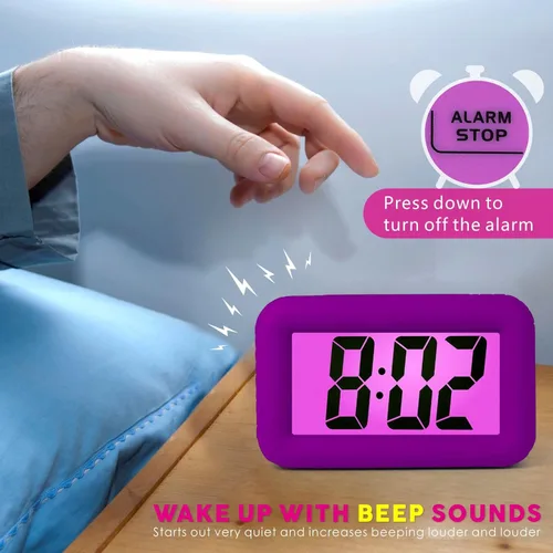 Vista 5 de Plumeet Reloj despertador digital para niños con repetición y retroiluminación - Reloj de viaje simple pantalla LCD grande - Reloj despertador
