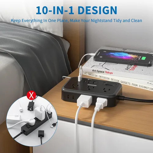 Vista 4 de NTONPOWER - Cable de extensión de enchufe plano de 10 pies, regleta de alimentación con 6 salidas ampliamente espaciadas (2 lados) con 4 puertos