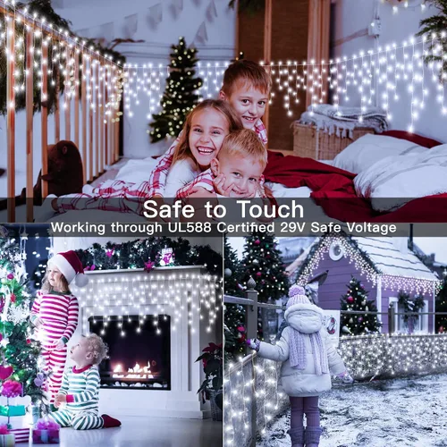 Vista 8 de Ollny Luces de Carámbano para Exteriores Blanco Frío, 600LED 49FT Luces de Navidad con Control Remoto 8 Modos Regulables, Impermeable Conectable