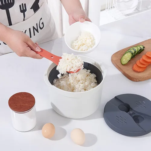 Vista 5 de Olla de arroz para microondas con vaporizador, olla para pasta para microondas con colador, juego de utensilios de cocina para microondas de 2 L
