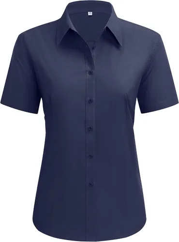 Vista 16 de siliteelon Camisas de vestir para mujer, de manga corta, de algodón, camisa con botones abajo, camisa básica con botones arriba, camisas con cuello