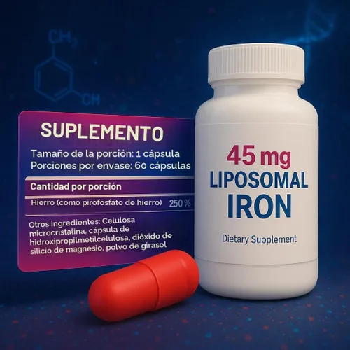 Vista 3 de Suplemento de hierro liposomal máximo 60 cápsulas (45 mg de hierro elemental puro) por Siba Pharm Fórmula de máxima absorción Sin OMG, vegano