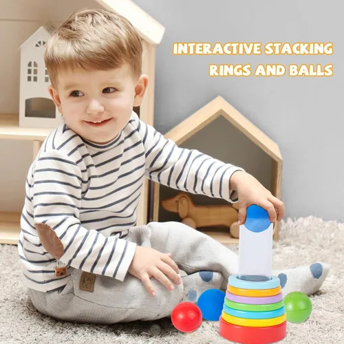 Vista 2 de Montessori - Anillos y bolas interactivas apilables para bebés de 6 a 12 meses, tubo transparente divertido
