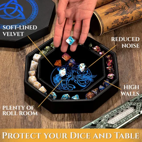 Vista 2 de DND Bandeja de dados – Bandeja de 9 pulgadas de calidad prémium Dungeons and Dragons – Exquisitamente detallado diseño de árbol del mundo azul