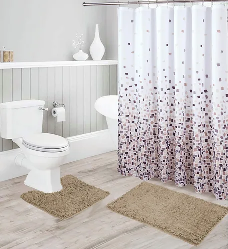 Vista 5 de Linen Plus - Juego de baño que incluye tapete de baño de felpilla suave antideslizante, tapete de contorno, cortina de ducha y ganchos de acero
