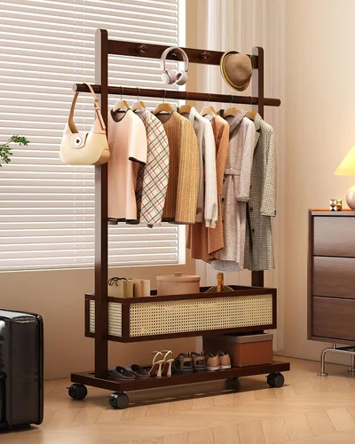 Vista 8 de Perchero con estante con cesta de almacenamiento y ganchos, estantes independientes para espacios pequeños, esquinero, dormitorio, entrada, pasillo