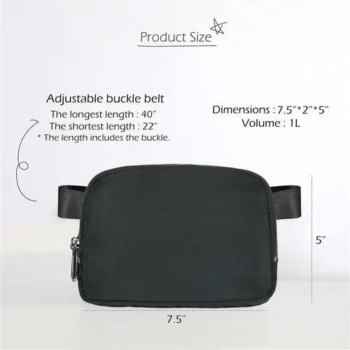 Vista 7 de ODODOS Mini bolsa de cinturón unisex con doble cremallera con correa ajustable para entrenamiento al aire libre, viajes, Negro
