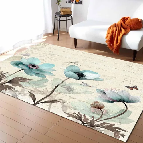 Vista 9 de Alfombra rectangular rectangular náutica azul para sala de estar, 4 x 6 pies, alfombra antideslizante de verano con diseño de conchas de mar y Coral