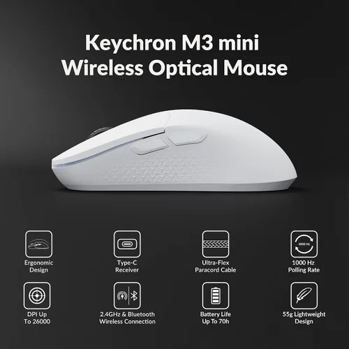 Vista 5 de Keychron M3 Mini Ratón Inalámbrico Óptico, Ratón para Juegos Bluetooth 5.1/2.4 GHz/Con Cable, Sensor Programmable PixArt 3395 con hasta 26,000 DPI