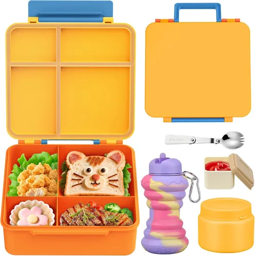 Vista 10 de Lonchera para niños con lonchera Bento con tarro de comida de 9 onzas, color negro Contenedor de almuerzo escolar a prueba de fugas de 4 azul