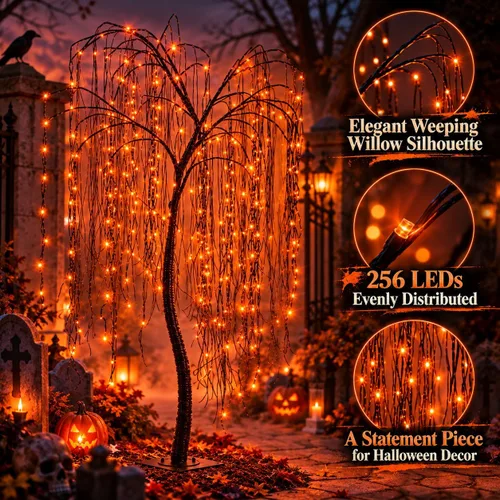 Vista 4 de Árbol de sauce iluminado de Halloween de 7 pies, 256 luces LED naranjas, árbol de sauce artificial llorón con 6 arañas, decoración