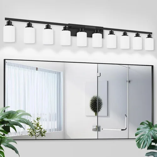 Vista 28 de Juego de 2 apliques de pared para baño, 1 luz negra, apliques de pared modernos para interiores con pantallas de vidrio blanco, lámpara de pared