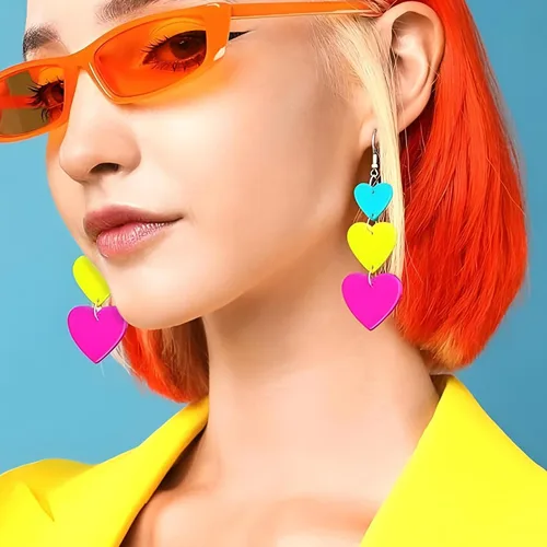 Vista 3 de Aretes de neón de los años 80 y 90 para mujer, estilo punk, retro, coloridos, acrílicos, colgantes, para cosplay, fiesta brillante, festival