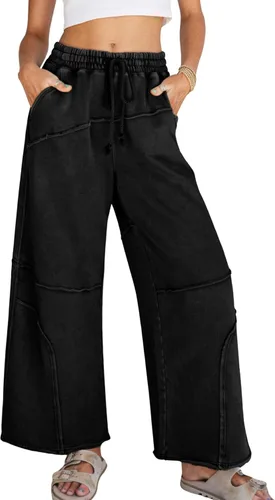 Vista 8 de Athlisan Pantalones deportivos casuales de pierna ancha para mujer, cintura alta, lavado ácido, pantalones palazzo con bolsillos