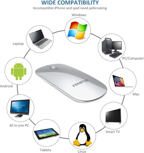 Vista 14 de FENIFOX mini mouse Bluetooth, mouse óptico móvil portable ultrafino con batería recargable para PC, Mac, laptop, tablet Android, Negro