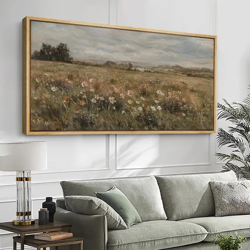 Vista 2 de SIGNFORD Lienzo enmarcado extragrande para pared, diseño de flores silvestres, paisaje, campo escénico con flores florecientes, ilustraciones