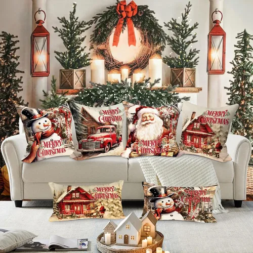 Vista 6 de Lanpn Juego de 4 fundas de almohada de Navidad de 16 x 16 pulgadas, cojín de decoración de Navidad, almohadas rojas de Navidad, funda de almohada