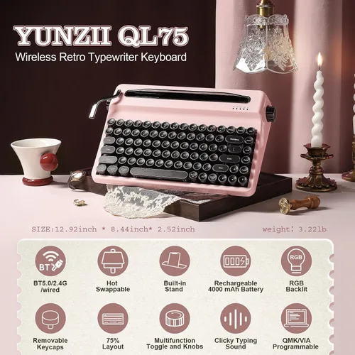 Vista 2 de YUNZII QL75 - Teclado mecánico retro de intercambio en caliente, teclas redondas punk, retroiluminación RGB QMKVIA programable, teclado