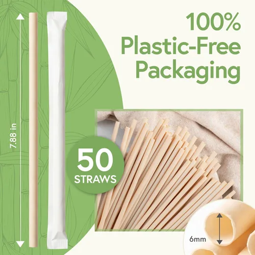 Vista 4 de Jenvita Pajitas biodegradables de polvo de bambú (paquete de 50) – Pajitas compostables de 7.88 pulgadas envueltas individualmente 100%