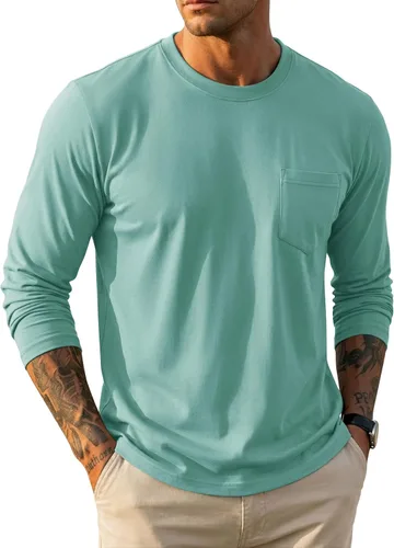 Vista 8 de MAGCOMSEN Camisa de manga larga para hombre con bolsillo, de algodón, cuello redondo, casual, ligera