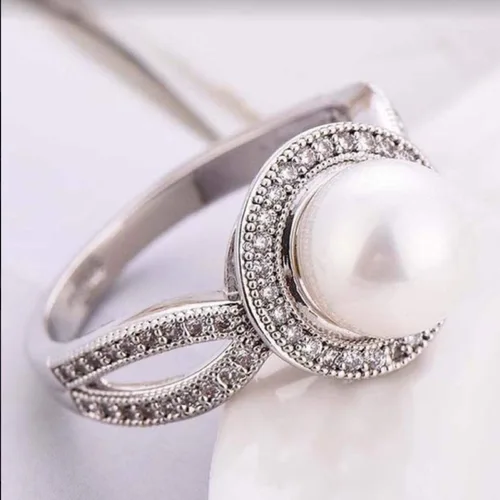 Vista 2 de MIAHAO - Anillo de plata de ley 925 con perla y zafiro blanco para mujer, joyería de fiesta de boda, talla 6-10 (código 6 de EE. UU.)