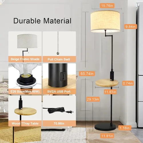 Vista 4 de DLLT - Lámpara de pie LED para sala de estar, luz de acento de pie con puerto de carga USB, ahorro de energía, iluminación de poste alto con mesa