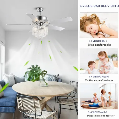 Vista 4 de Ventilador de techo de cristal con luces, ventilador de candelabro moderno con control remoto, ventilador de techo cromado reversible, lámpara