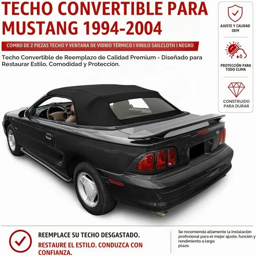 Vista 2 de Capota de convertible blanda con ventana de vidrio térmico en lona original para Ford Mustang 1994-2004, Negro