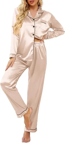 Vista 39 de Ekouaer - Conjunto de pijama de satén de seda clásico con botones para mujer, de manga larga Verde militar