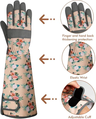 Vista 6 de Guantes largos de jardinería para mujer, guantes de cuero a prueba de espinas, guantes de trabajo transpirables para mujeres, patio, exteriores