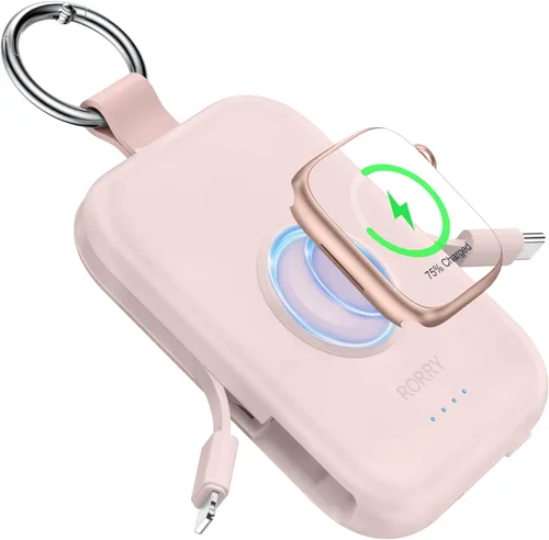 Vista 12 de RORRY Cargador portátil, batería externa portátil de 5000 mAh con cables integrados, paquete de batería en llavero de viaje para Apple Watch Negro