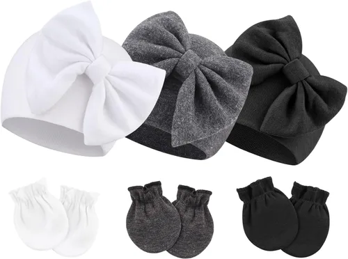 Vista 30 de BQUBO Gorros para Niñas Recién Nacidas Conjunto de Gorro y Manoplas para Bebé Gorros para Infantes con Moño Gorro de Hospital con Manoplas