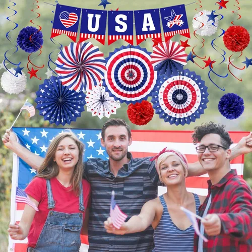 Vista 6 de Decoraciones de fiesta patriótica del 4 de julio, 6 abanicos de papel, 6 bolas de flores, 1 bandera de cola de golondrina de Estados Unidos, 1