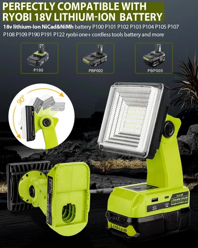 Vista 7 de Adisipsoarin Luz de trabajo LED inalámbrica para batería Ryobi de 18 V, reflector LED de 25 W con puertos de carga rápida USB-A y USB-C 2.1A