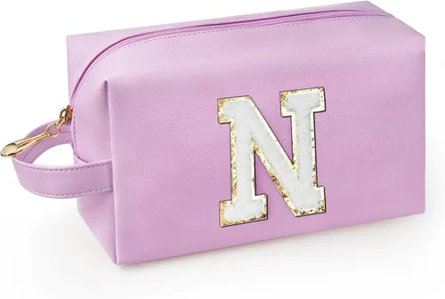 Vista 53 de Bolsa de maquillaje personalizada con inicial con asa, bolsa de cosméticos de preparación con bolsillo interior con cremallera, 8, 9, 10, 11, 12 Rosa