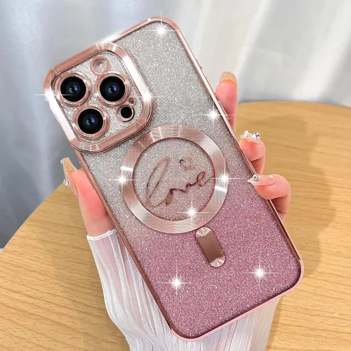 Vista 21 de ZIYE - Funda magnética diseñada para iPhone 13 con purpurina, color negro Luxury Plating Love Heart Compatible with MagSafe Camera Protection