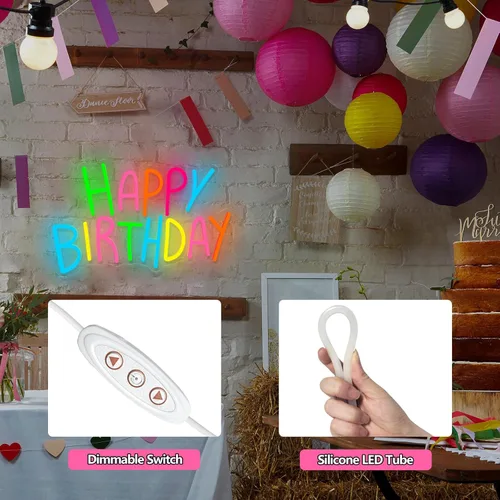 Vista 5 de Letrero de neón de feliz cumpleaños para decoración de pared, luces de neón de feliz cumpleaños coloridas, luz de neón LED de cumpleaños para telón