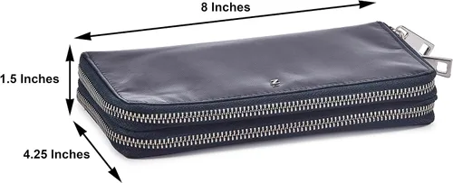 Vista 6 de Zinda Genuine Leathers Cartera de mujer con protección RFID larga con doble cremallera alrededor, Azul marinobeige, Cartera para mujer