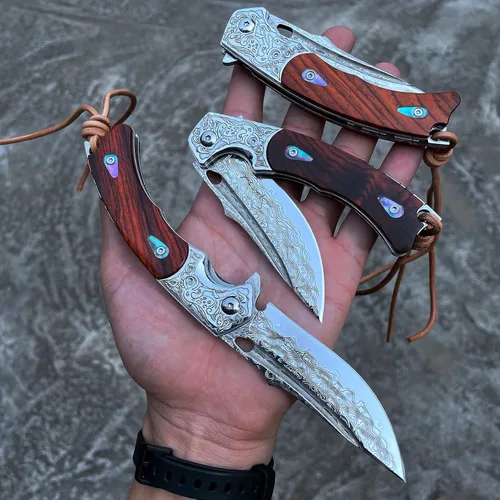 Vista 2 de Cuchillo hecho a mano japonés VG10 Damasco acero plegable cuchillo, mango de bloqueo de revestimiento de palisandro, cuchillos de bolsillo EDC
