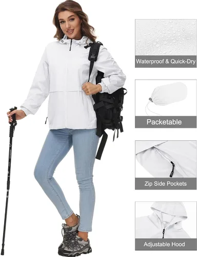 Vista 4 de Avoogue Chaqueta impermeable para mujer, ligera, plegable, con capucha, rompevientos para exteriores