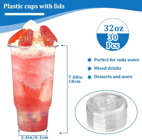Vista 2 de Vasos de plástico transparente de 32 onzas con tapas, paquete de 30 vasos desechables para café, batidos, bodas, fiestas de cumpleaños, picnics