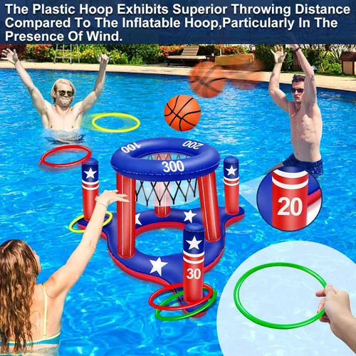 Vista 6 de Juguetes de piscina con la bandera estadounidense para adolescentes y adultos, 250 aniversario, aro de baloncesto flotante 2 en 1, juego